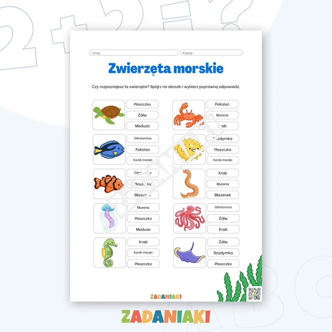 Karta pracy – Zwierzęta morskie: Trening czytania i słownictwa