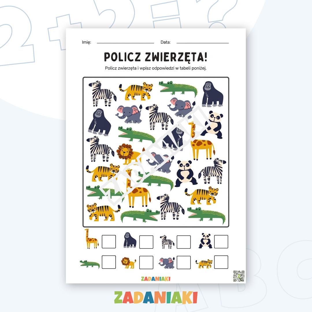 Karta pracy – Liczenie zwierząt: Bystre oczko na safari
