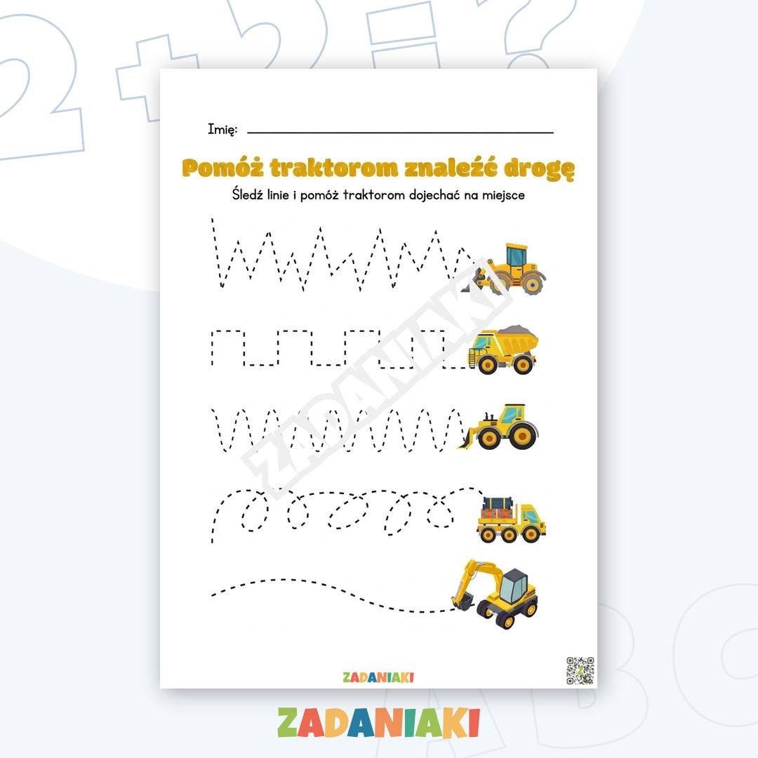 Karta pracy – Grafomotoryka: Pomóż traktorom dojechać na miejsce