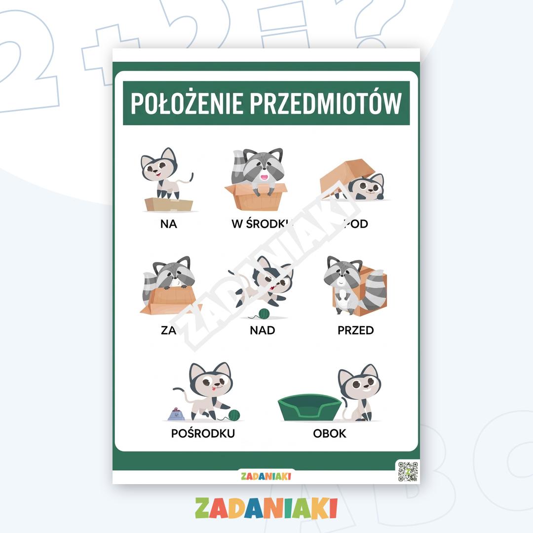 Plakat edukacyjny – Położenie przedmiotów: Wesoła nauka orientacji w przestrzeni