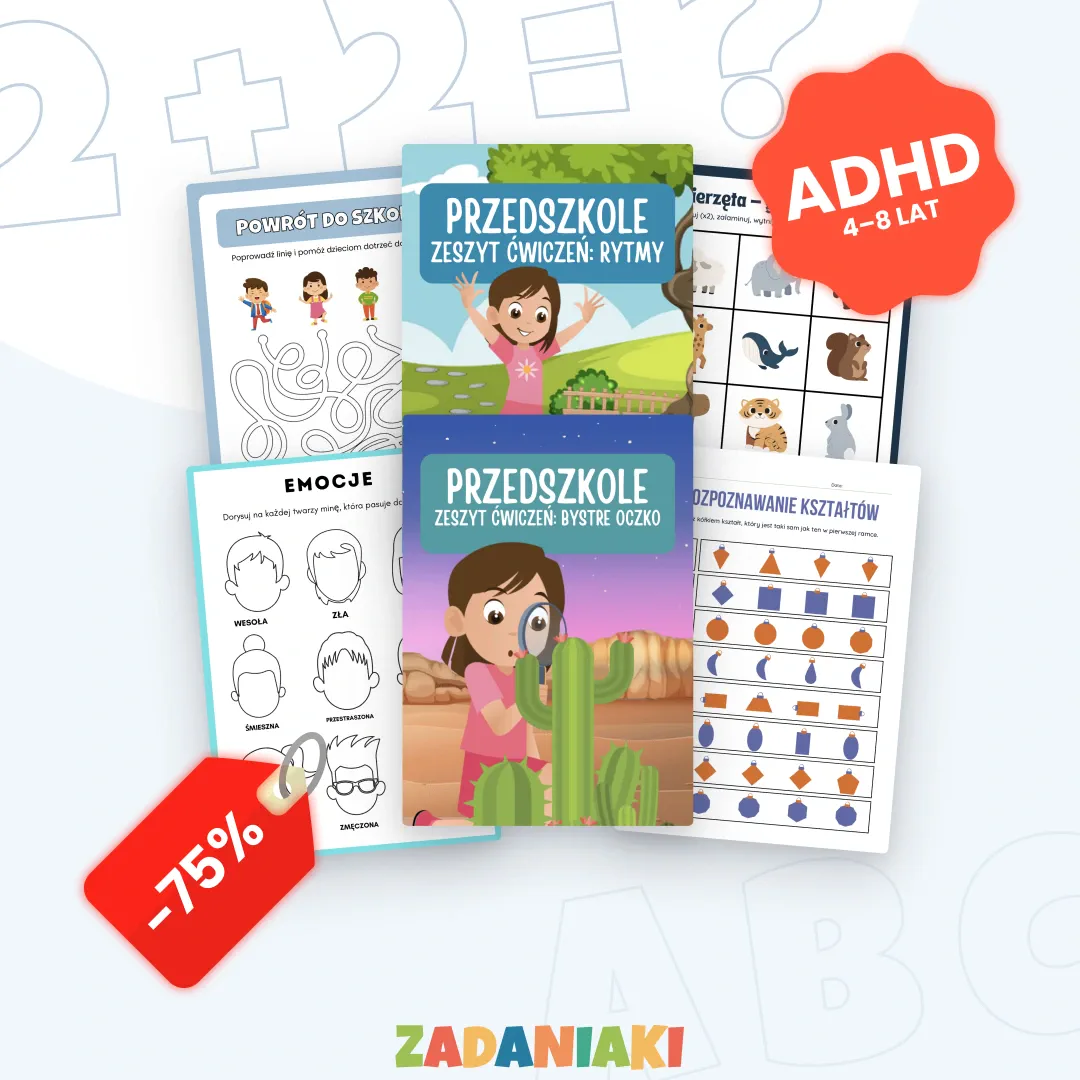 Zestaw dla Dzieci z ADHD (PDF) — krótkie zadania, które dziecko kończy (4–8 lat)