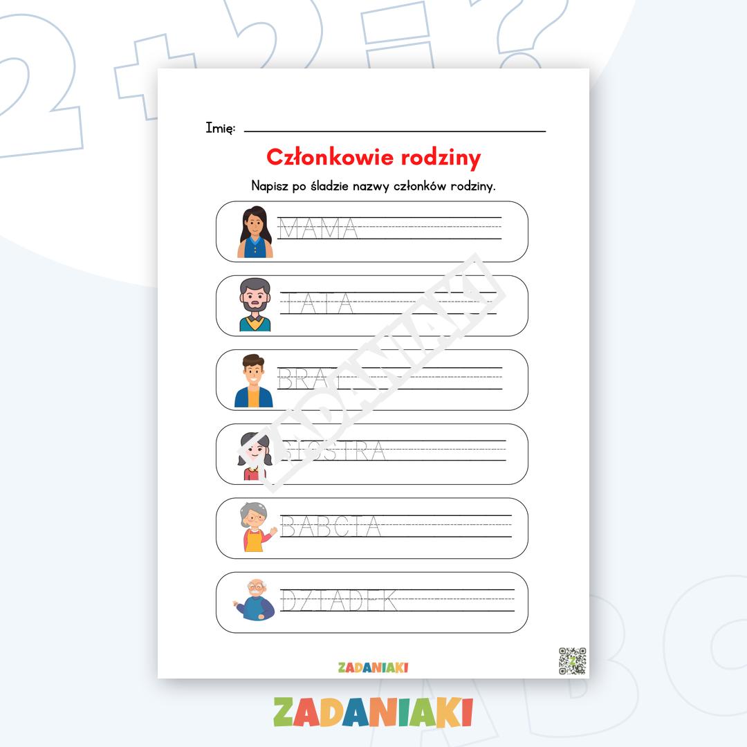 Karta pracy – Członkowie rodziny: Nauka pisania po śladzie