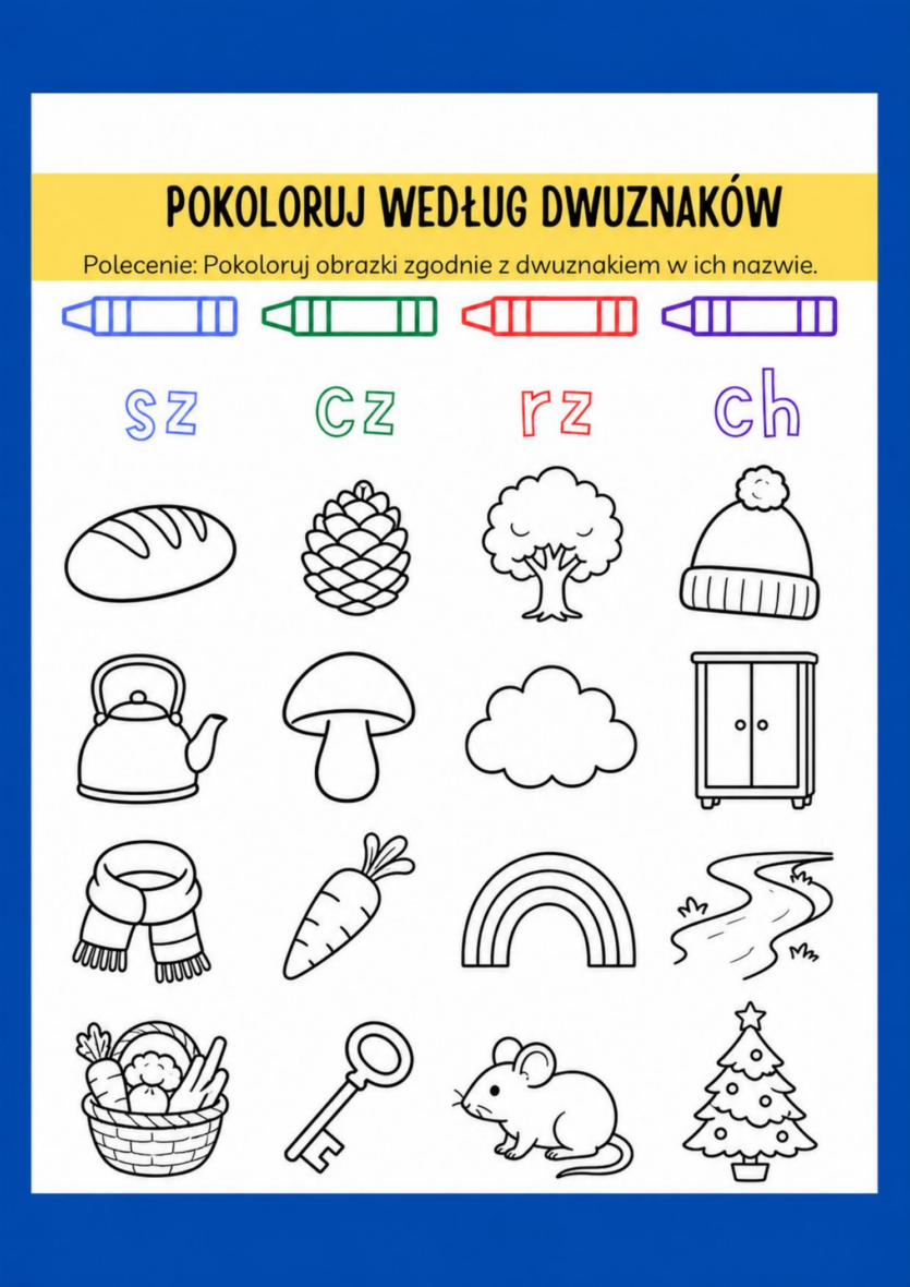 Karta pracy – Dwuznaki SZ, CZ, RZ i CH: Kolorowanie według dwuznaków