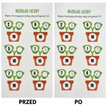 Postępy dziecka w ćwiczeniu rozkładu liczby 10 - przed i po