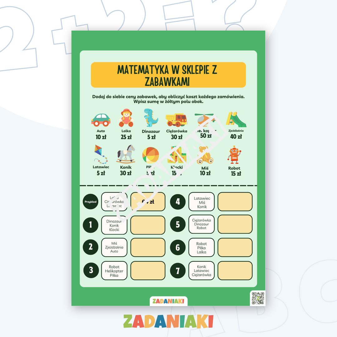 Karta pracy – Matematyka w sklepie z zabawkami: Dodawanie cen