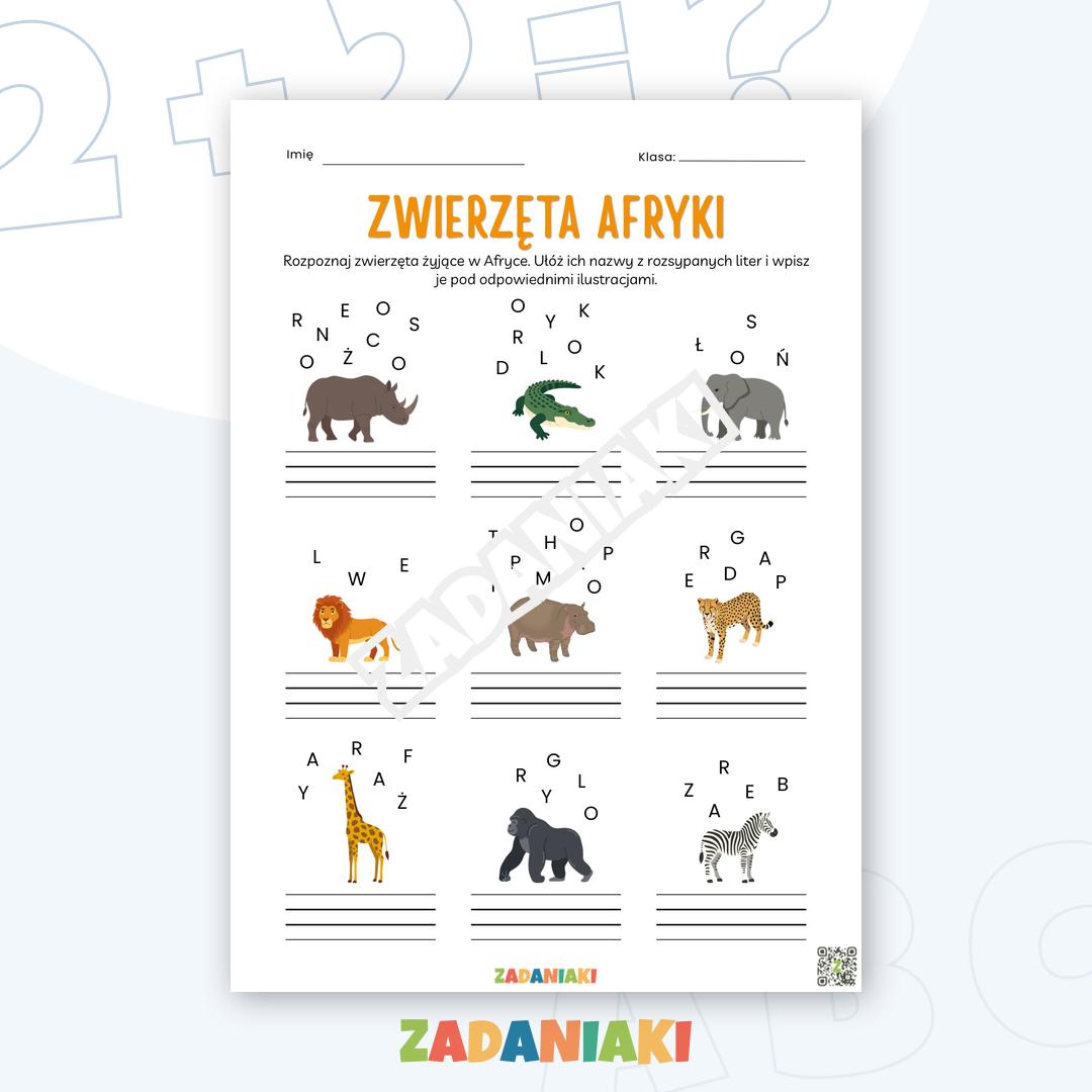 Karta pracy – Zwierzęta Afryki: Rozsypanka literowa i nauka pisania