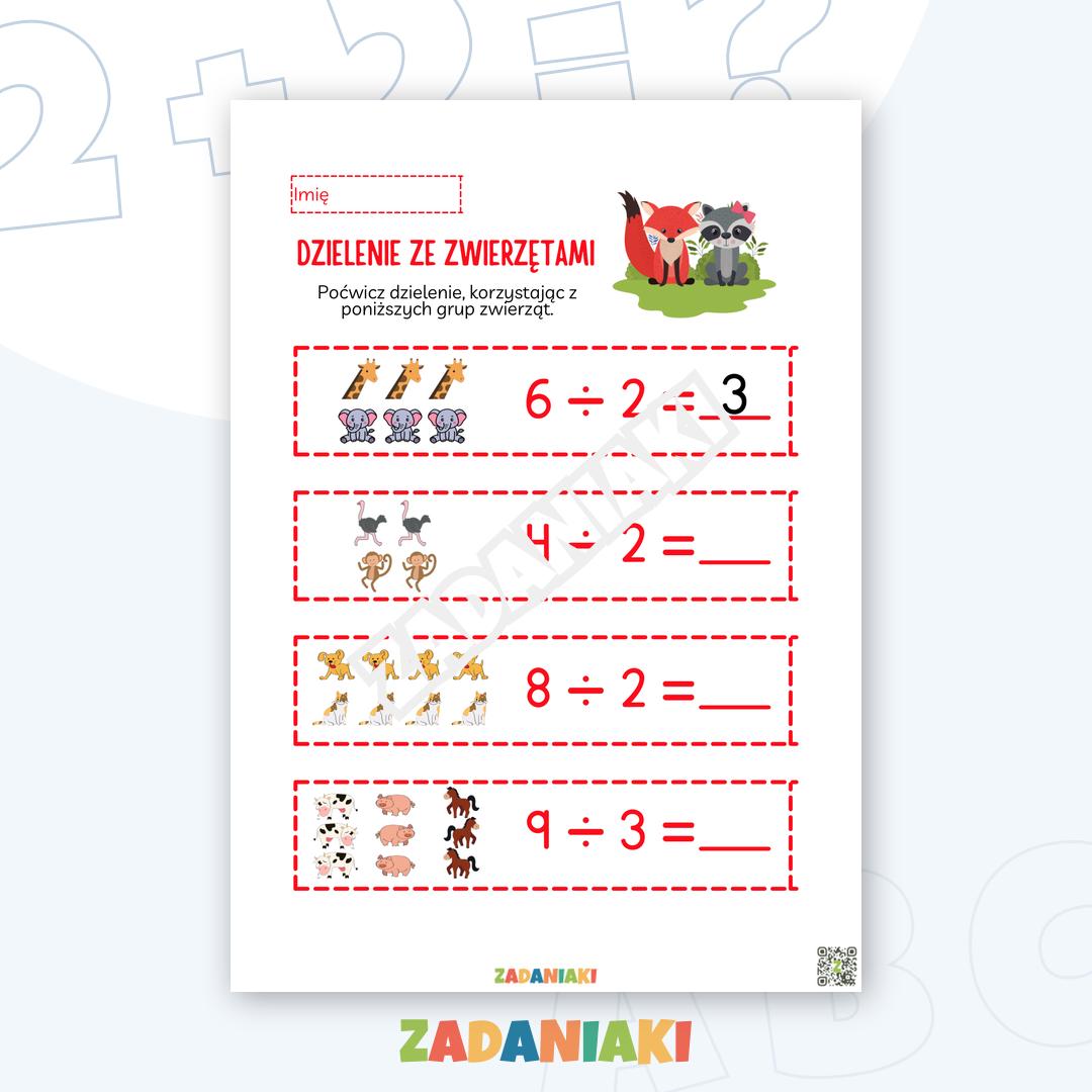 Karty pracy – Dzielenie ze zwierzętami: Wizualna matematyka dla dzieci