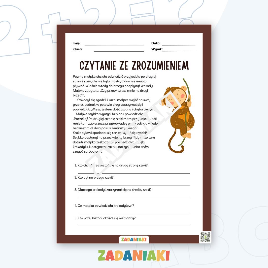 Karta pracy – Czytanie ze zrozumieniem: Przygody sprytnej małpki