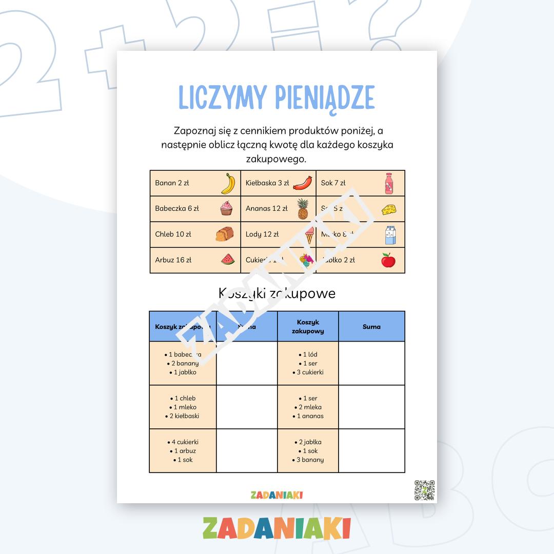 Karta pracy – Liczymy pieniądze: Zabawa w sklep