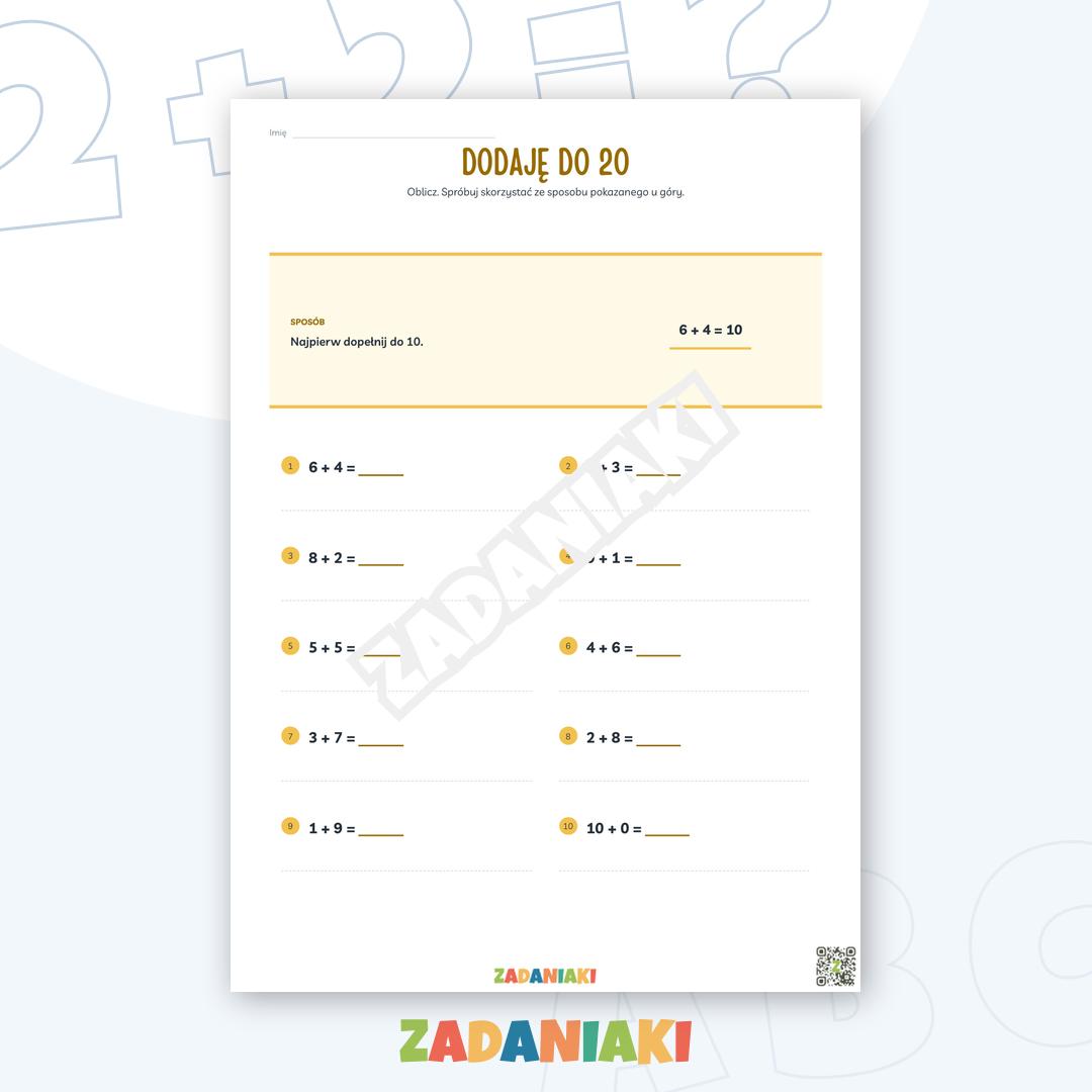 Zeszyt ćwiczeń – Dodawanie do 20: Sprytne sposoby liczenia