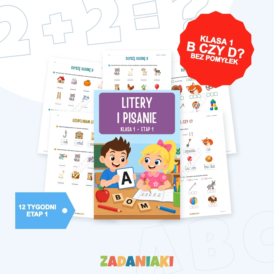 Poznaję litery i uczę się pisać: okładka i przykładowe karty pracy