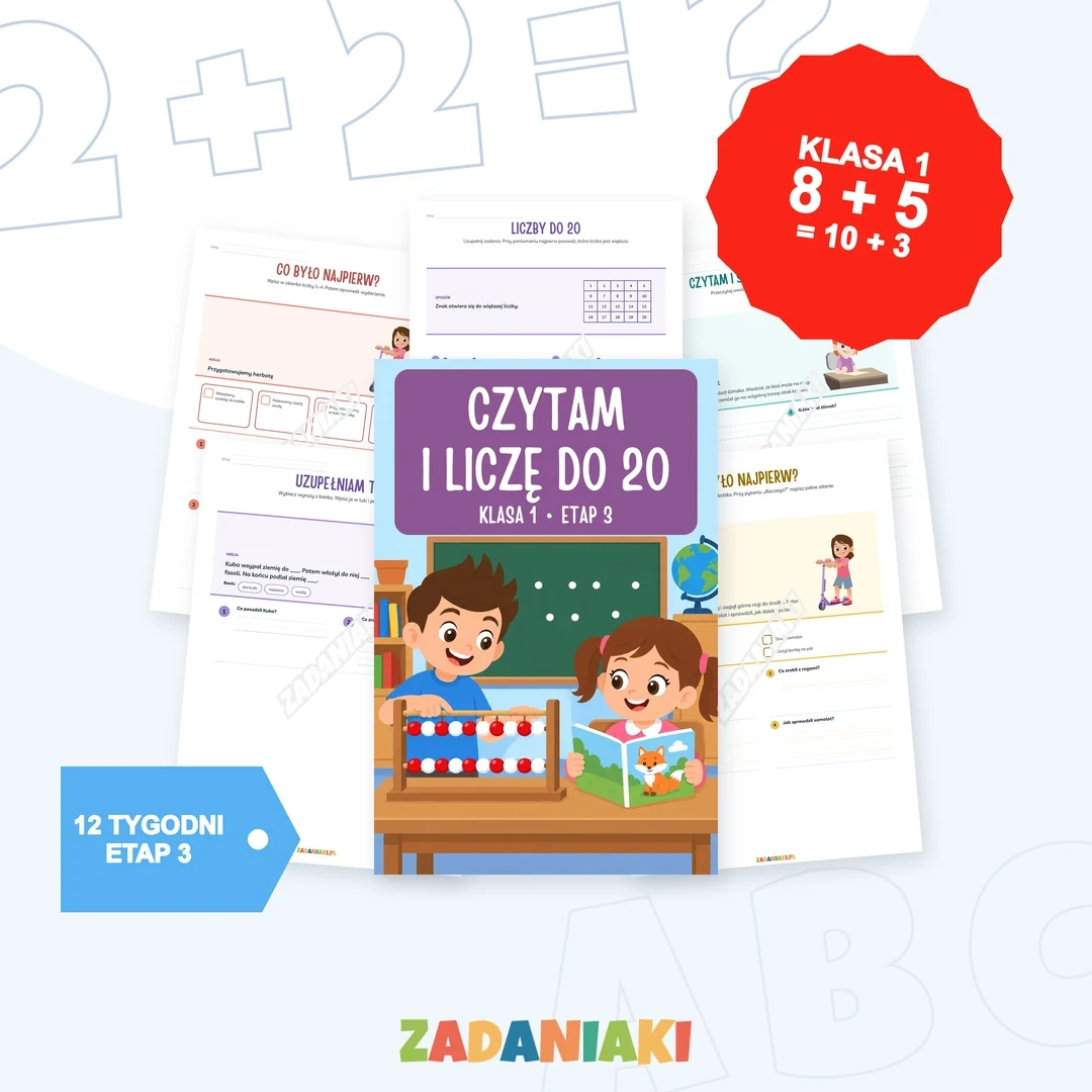 Czytam zdania i liczę do 20: okładka i przykładowe karty pracy