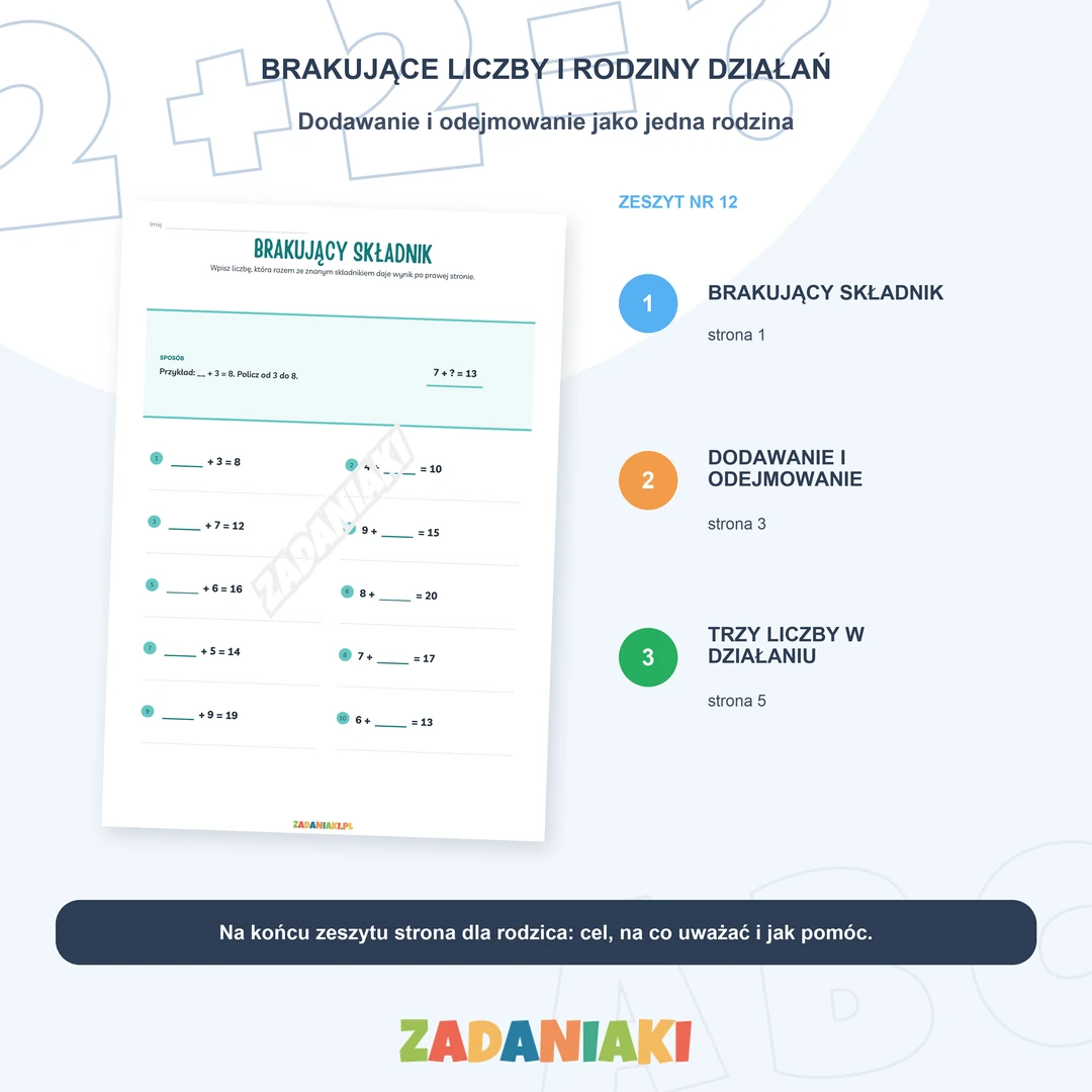 Klasa 1, etap 3: Czytam zdania i liczę do 20 – Brakujące liczby i rodziny działań