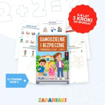 Przedszkole i zerówka, etap 4: Samodzielność, emocje i bezpieczeństwo – okładka i przykładowe karty pracy