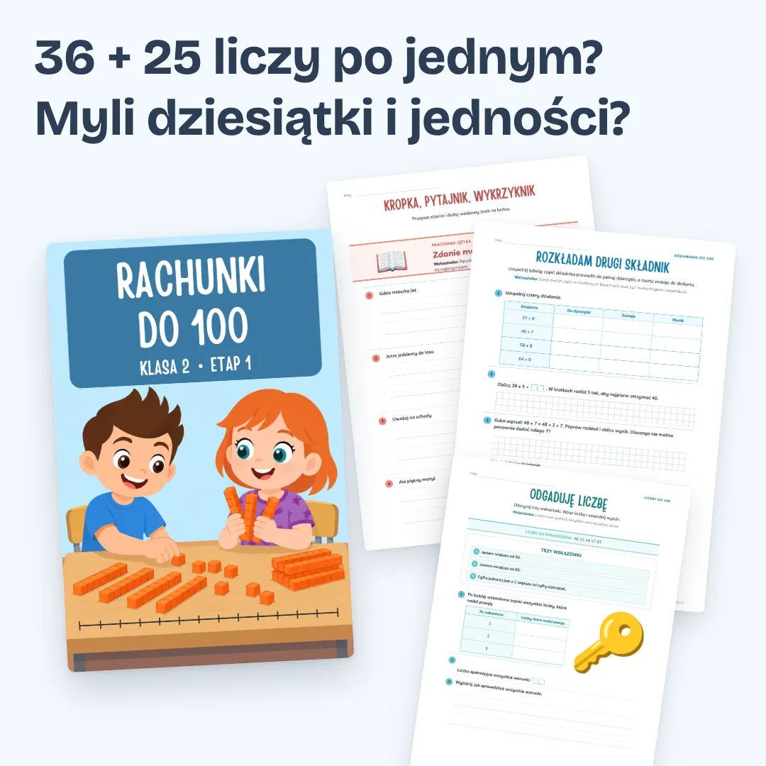36 + 25 liczy po jednym? Myli dziesiątki i jedności? Okładka zeszytu Klasa 2, etap 1, i trzy strony z zadaniami.