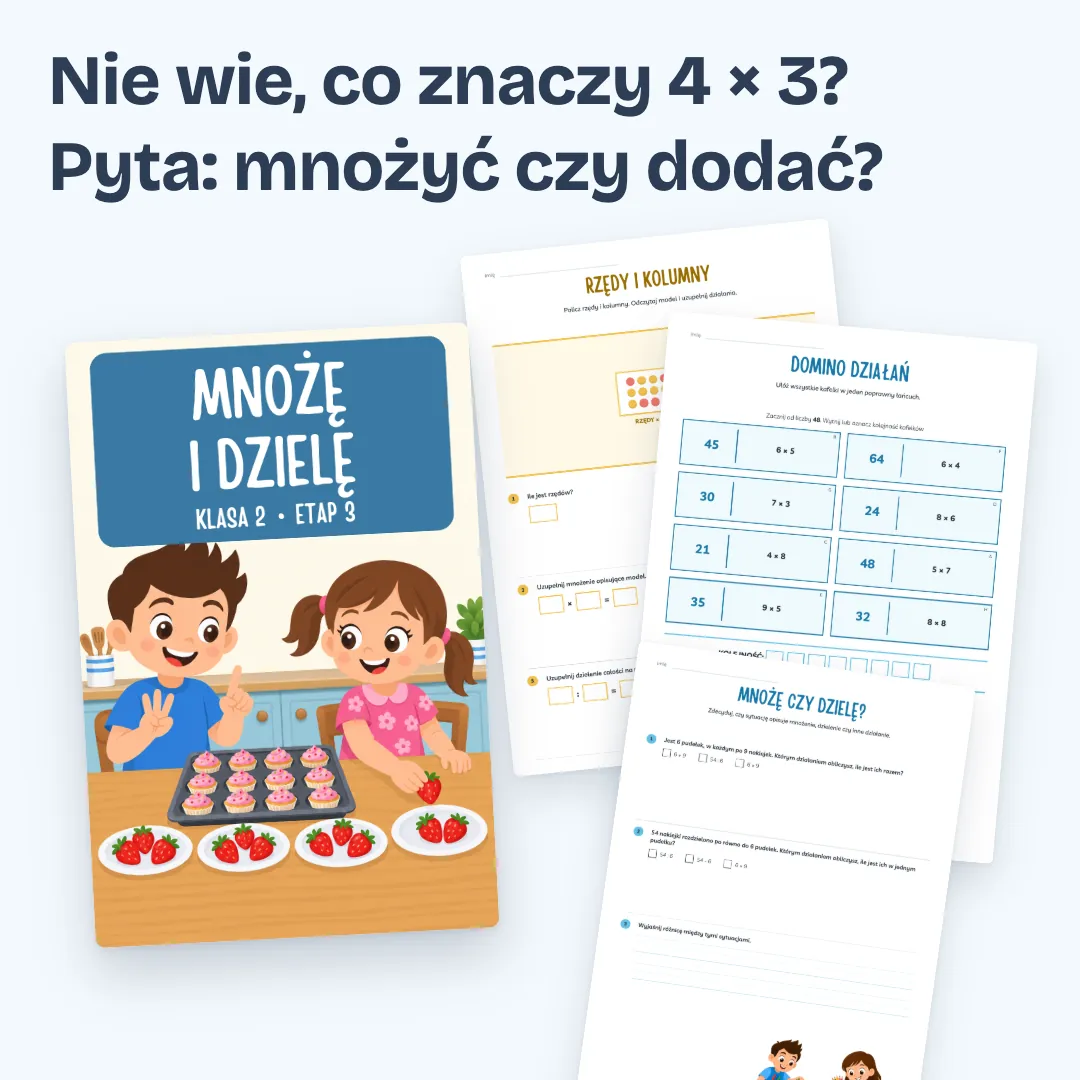 Nie wie, co znaczy 4 × 3? Pyta: mnożyć czy dodać? Okładka zeszytu Klasa 2, etap 3, i trzy strony z zadaniami.