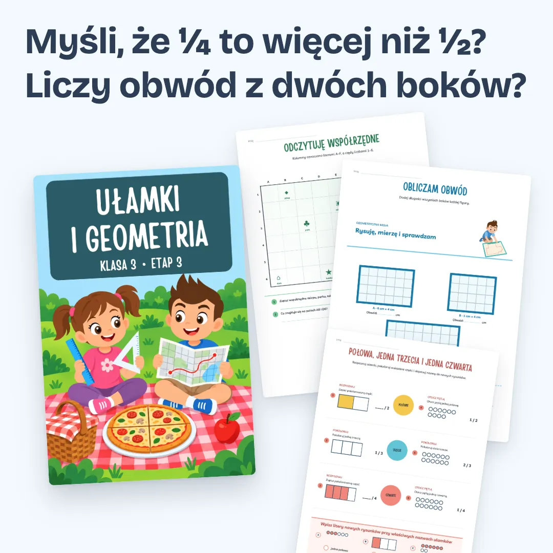 Myśli, że ¼ to więcej niż ½? Liczy obwód z dwóch boków? Okładka zeszytu Klasa 3, etap 3, i trzy strony z zadaniami.