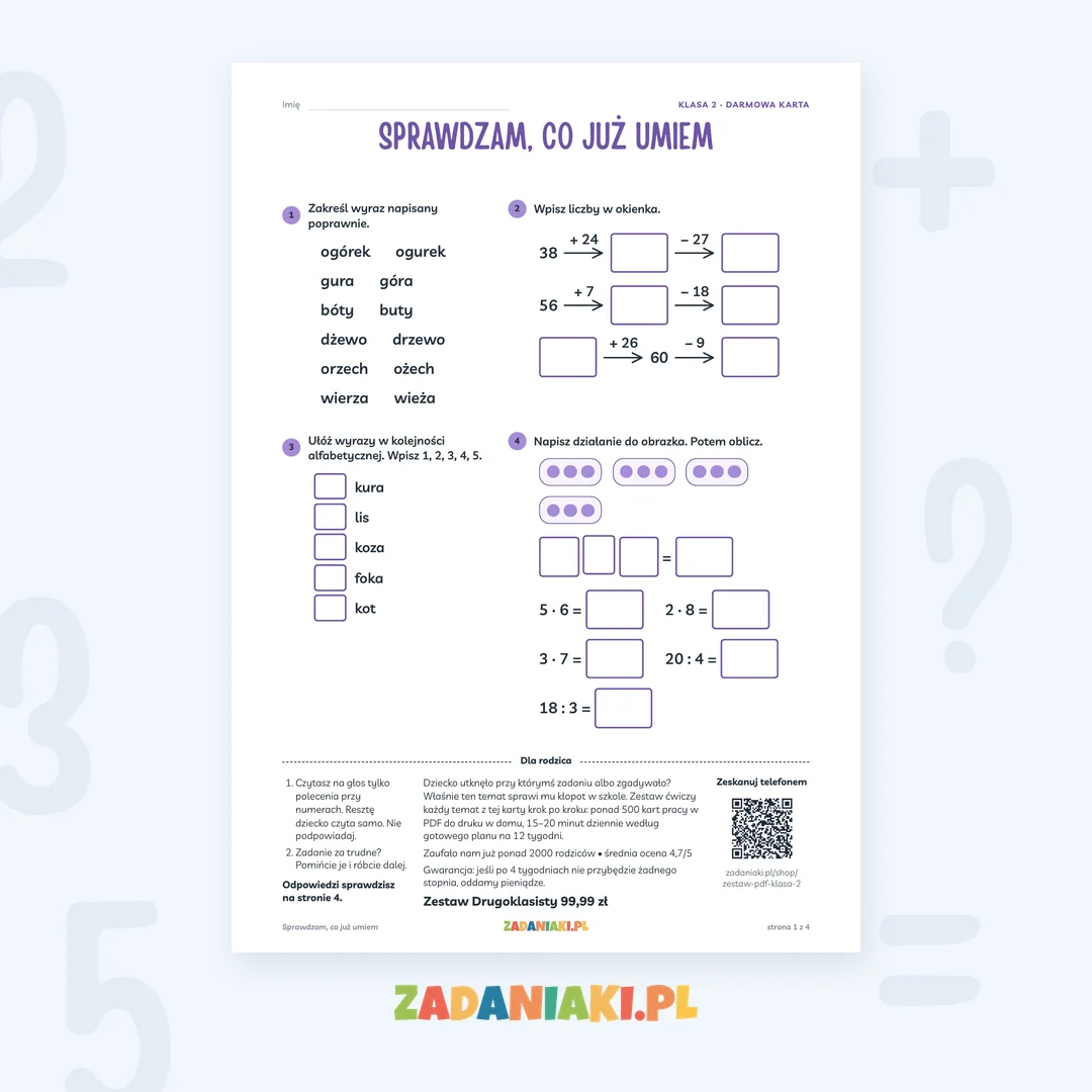 Sprawdzam, co już umiem: darmowa karta dla klasy 2 (PDF)