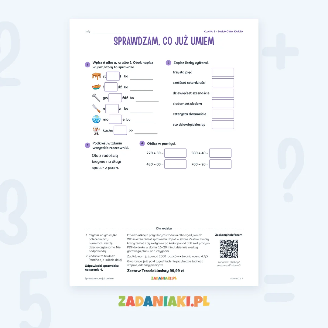 Sprawdzam, co już umiem: darmowa karta dla klasy 3 (PDF)
