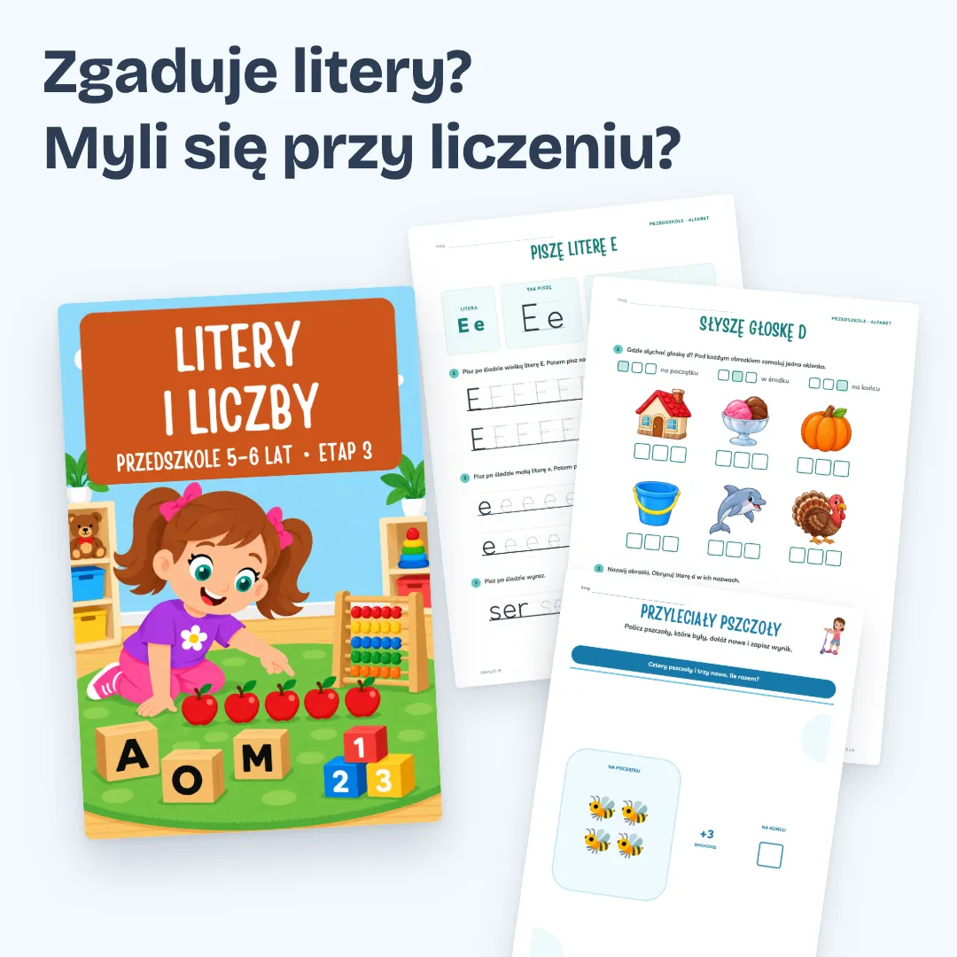 Zgaduje litery? Myli się przy liczeniu? Okładka zeszytu Przedszkole i zerówka, etap 3, i trzy strony z zadaniami.
