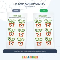 Karta „Rozkład liczby” przed ćwiczeniami (dwa puste kółka, dwa błędy) i po nich (każda para daje 10)