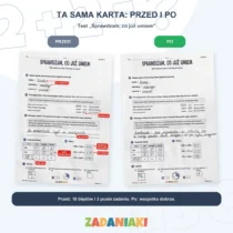 Test „Sprawdzam, co już umiem” przed ćwiczeniami (10 błędów i 2 puste zadania, każdy błąd ze strzałką i krótkim opisem) i po nich (wszystko dobrze)