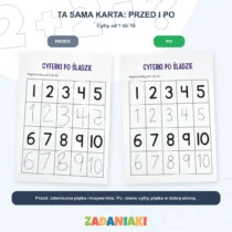 Karta „Cyferki po śladzie” przed ćwiczeniami (odwrócona piątka, krzywe linie) i po nich (równe cyfry)