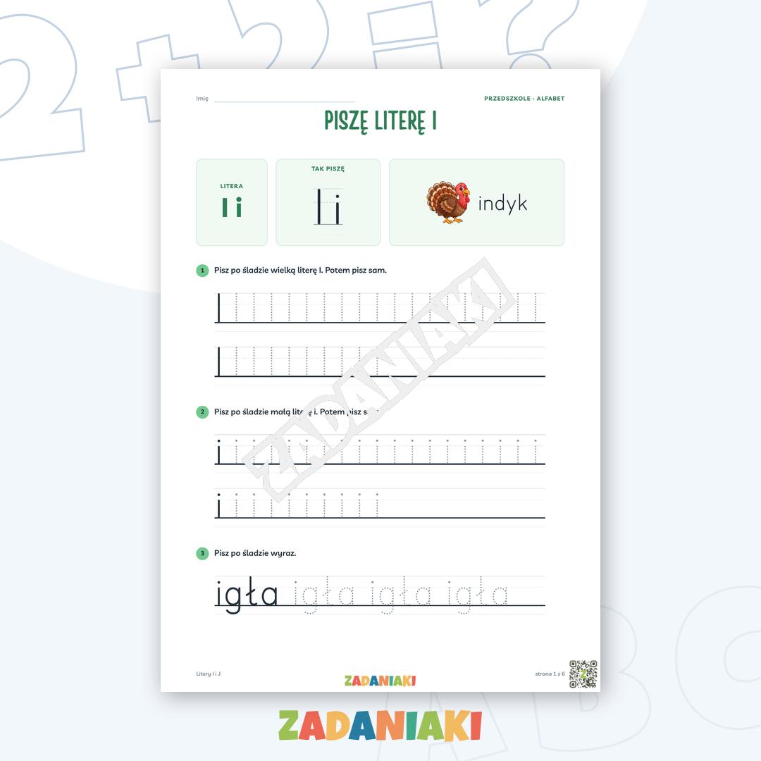 Zeszyt ćwiczeń – Litery I i J: Poznaję litery drukowane (5–6 lat)
