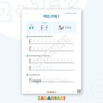 Zeszyt ćwiczeń – Litery F i Ż: Poznaję litery drukowane (5–6 lat) — przykładowa karta pracy 1