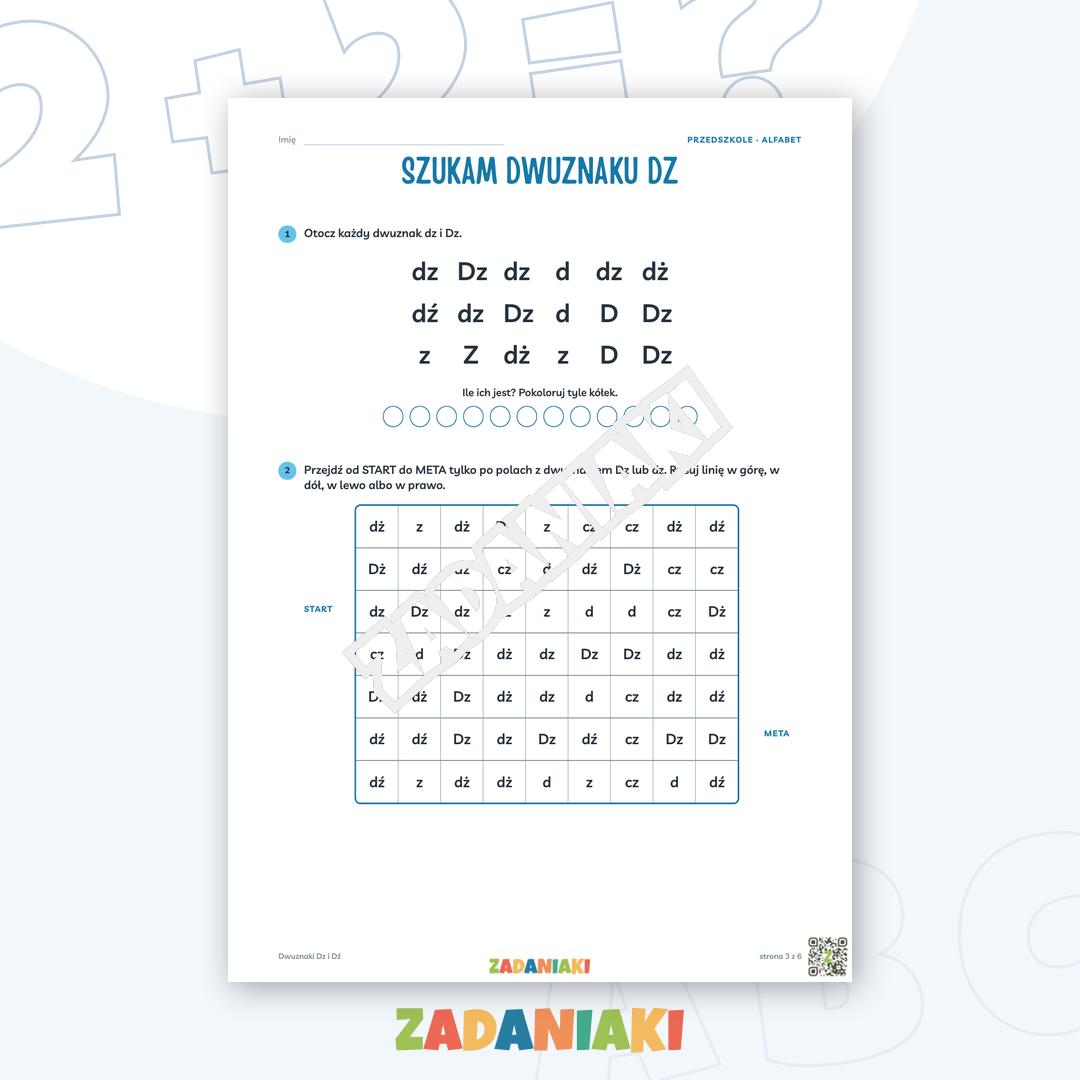 Zeszyt ćwiczeń – Dwuznaki Dz i Dź: Poznaję dwuznaki (5–6 lat) — podgląd 3