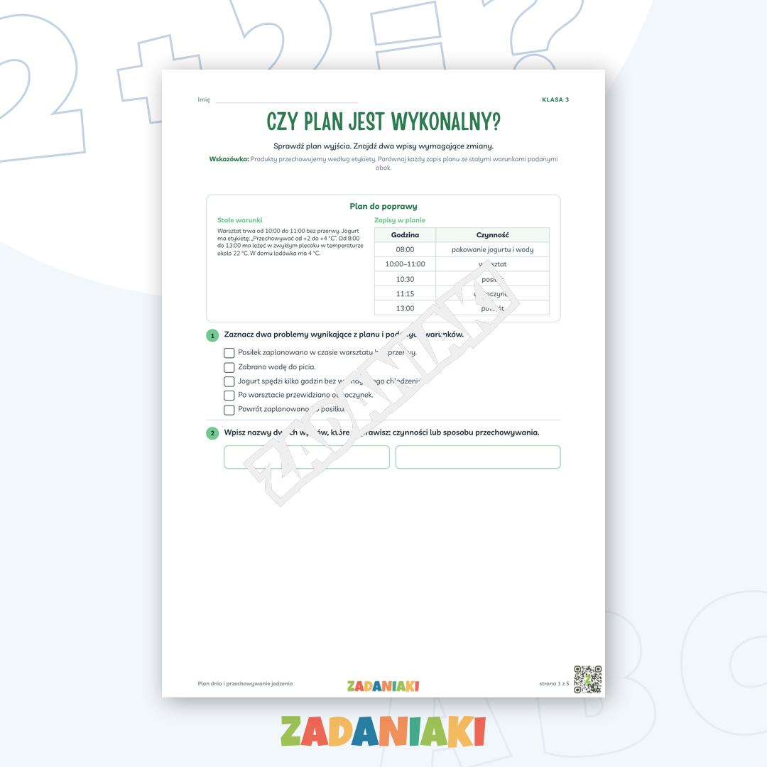 Zeszyt ćwiczeń – Plan dnia i przechowywanie jedzenia: Ćwiczę język i logiczne myślenie