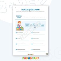 Zeszyt ćwiczeń – Rzeczownik, czasownik i przymiotnik: rozpoznawanie części mowy w krótkich zadaniach — przykładowa karta pracy 1